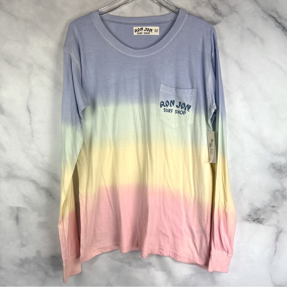 NWT Ron Jon Surf Shop Pastel Rainbow Tie Dye Long Sleeved Pocket T-Shirt Tee M